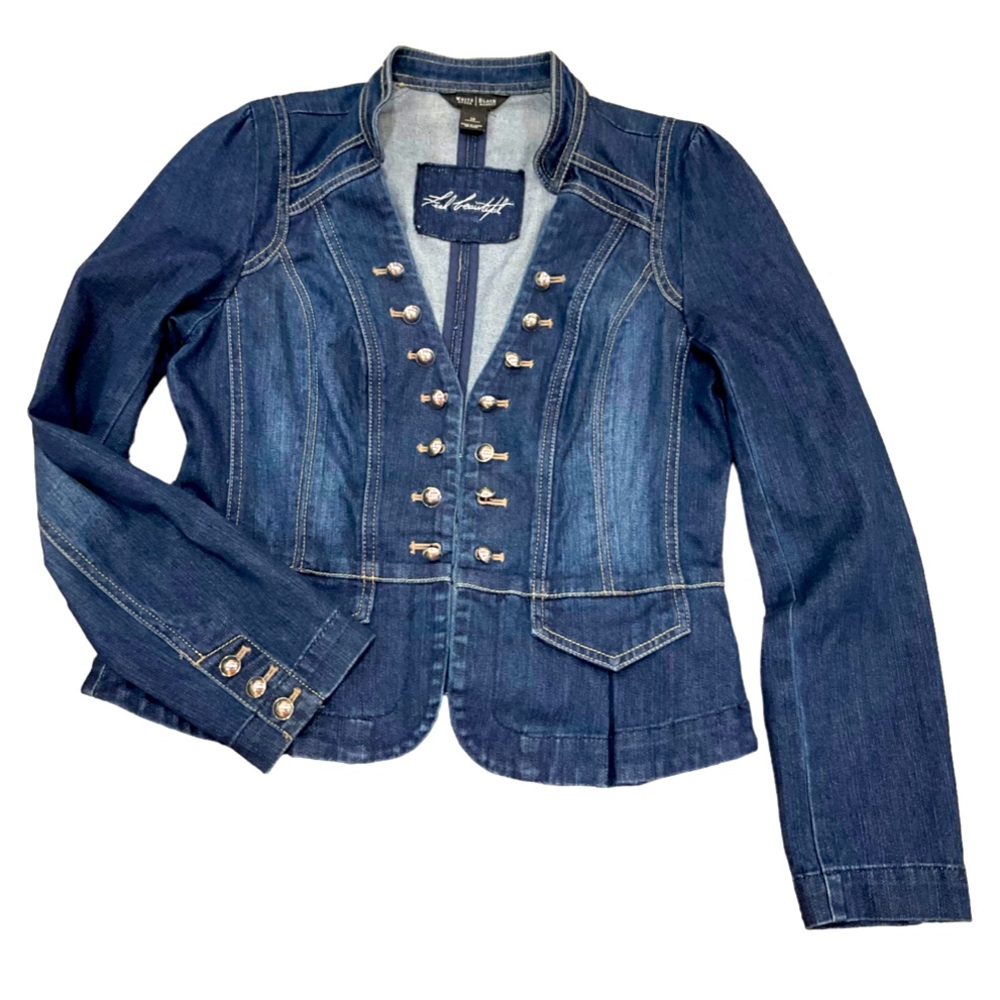 WHITE HOUSE BLACK MARKET Denim Military Style Pleated Peplum Jacket